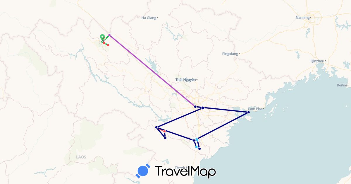 TravelMap itinerary: driving, bus, cycling, train, hiking, boat, motorbike in Vietnam (Asia)